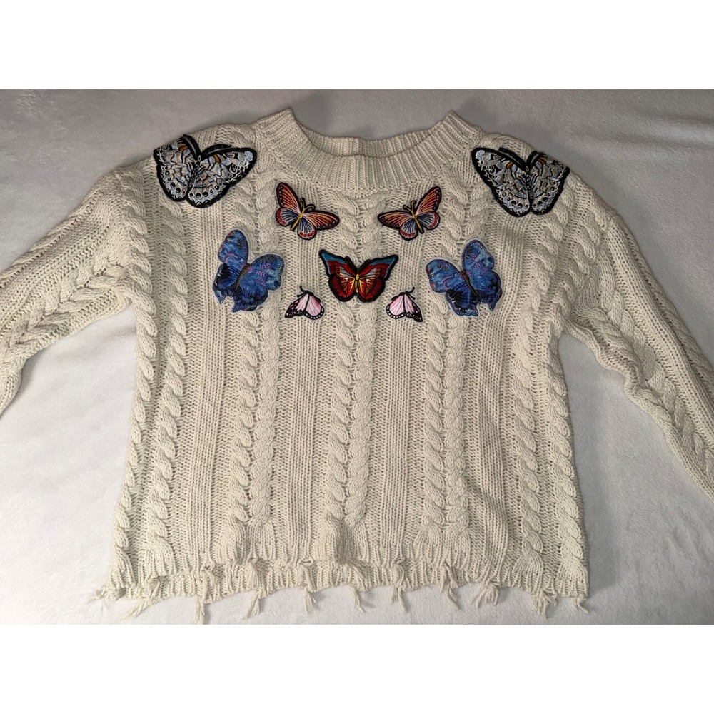 Sunset + Spring Butterfly Embroidered Cable Knit Distressed Sweater Cream XS